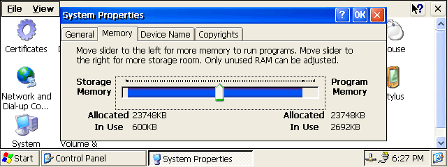 Windows CE .net 4.1 System Properties Memory